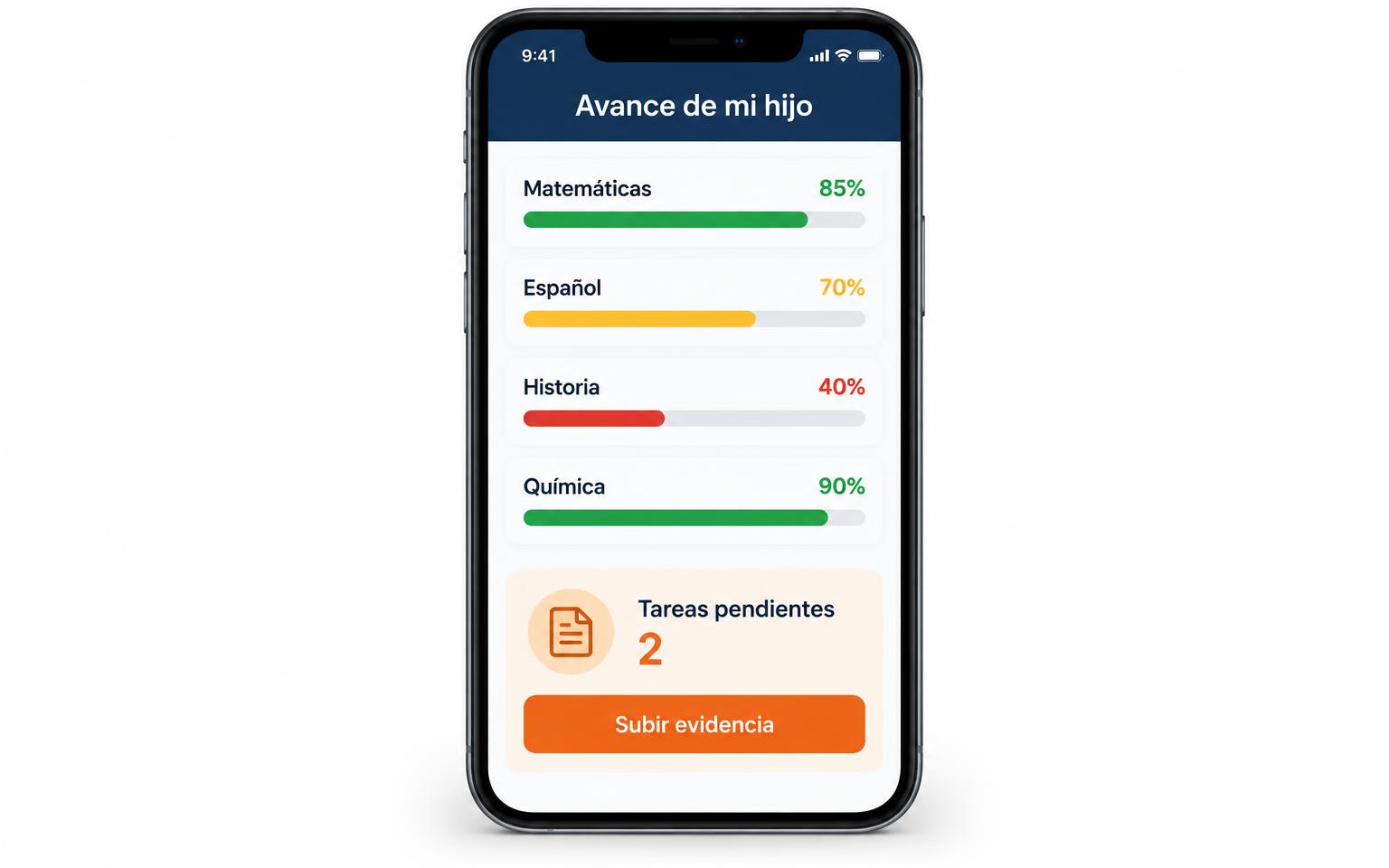 Celular con la app de alumnos y padres mostrando el avance por materia con semáforo de colores, tareas pendientes y el botón para subir evidencia